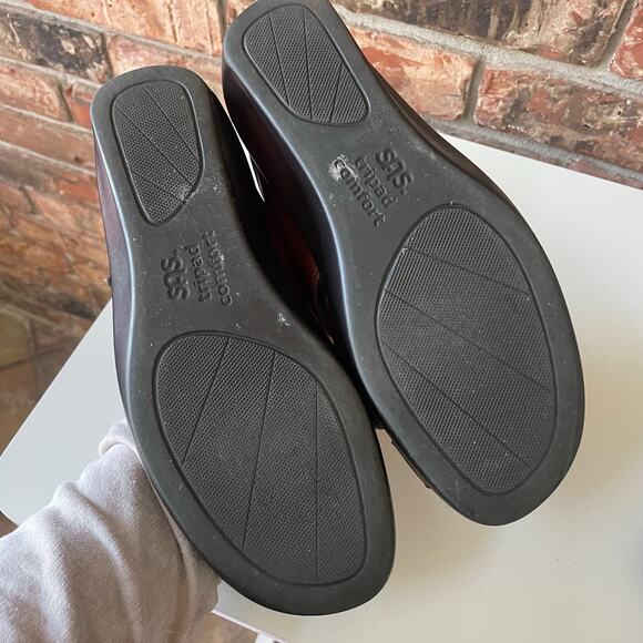 SAS Tango Slide Wedge Sandal Size 9.5 Brown Leather Comfort Slip On Peep Toe - Picture 5 of 7